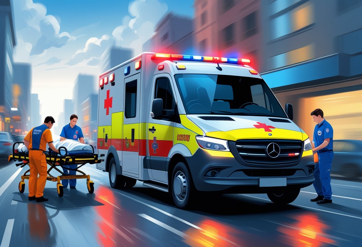 Uma ambulância de emergência branca com faixas vermelhas e amarelas em uma rua da cidade, com paramédicos atendendo um paciente em uma maca ao lado do veículo.