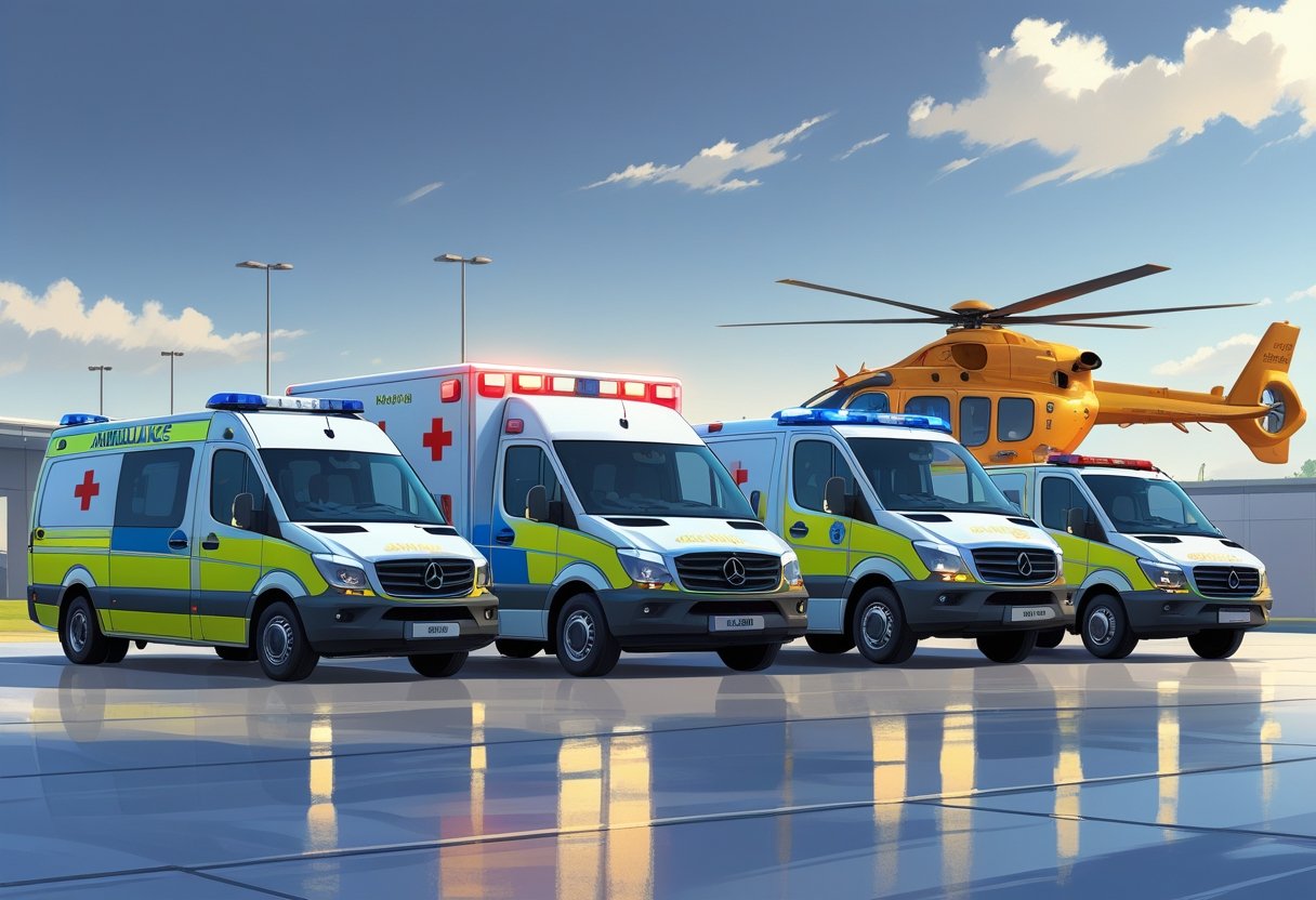 Vários tipos de ambulâncias de emergência alinhadas, incluindo ambulância terrestre básica, avançada, veículo de resposta rápida e helicóptero de ambulância aérea.