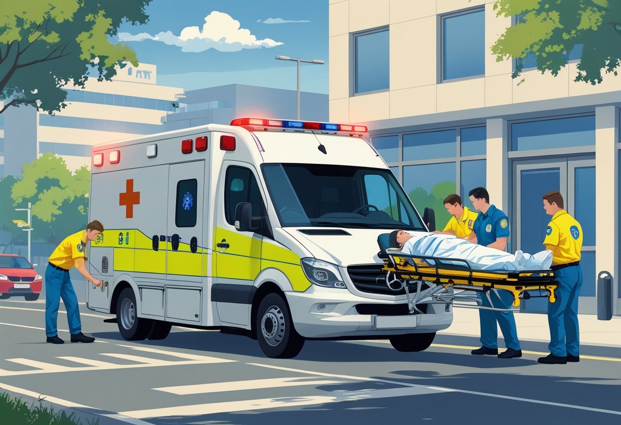Uma ambulância de emergência particular estacionada em frente a um hospital, com paramédicos atendendo um paciente em uma maca.