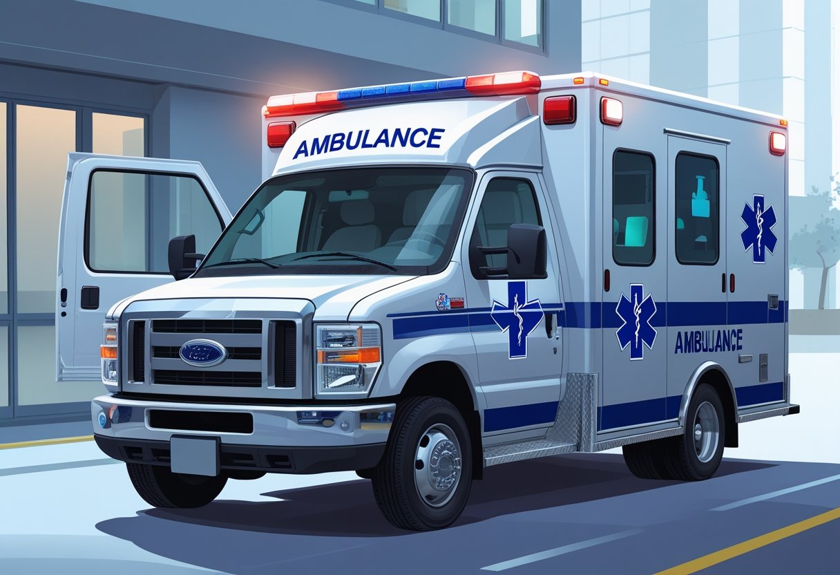 Uma ambulância de remoção branca com símbolos médicos e luzes de emergência, com a porta traseira aberta mostrando uma maca e equipamentos médicos, em um ambiente urbano.