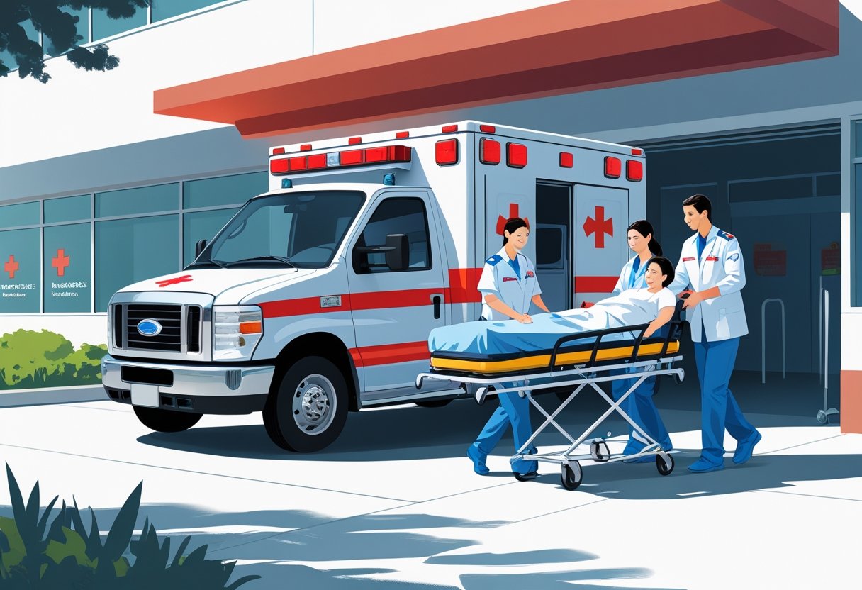 Ambulância de remoção estacionada fora de um hospital com profissionais de saúde ajudando um paciente em uma maca.