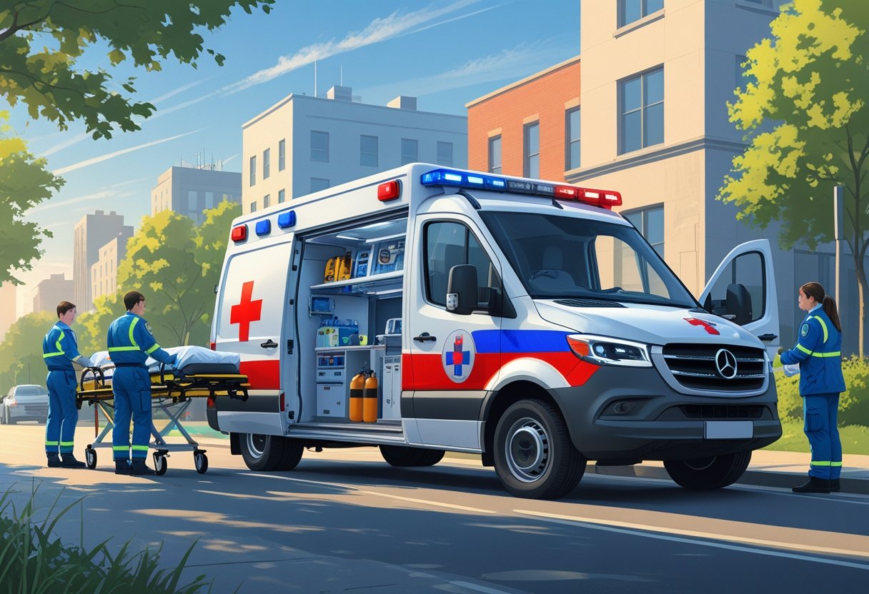 Uma ambulância de resgate branca com marcações vermelhas e azuis estacionada na rua, com paramédicos atendendo um paciente em uma maca ao lado do veículo.