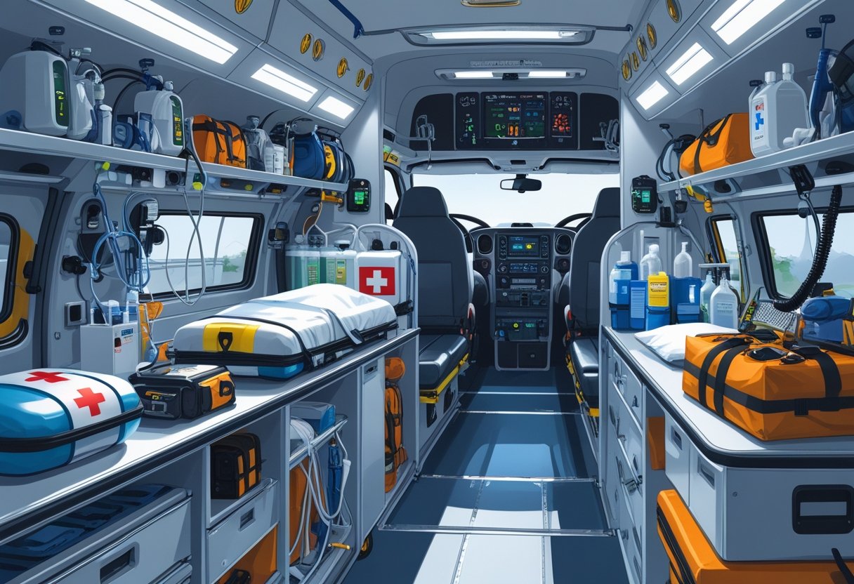 Interior de uma ambulância de resgate mostrando os principais equipamentos médicos organizados, como desfibrilador, cilindros de oxigênio, maca, kits de primeiros socorros e dispositivos de comunicação.