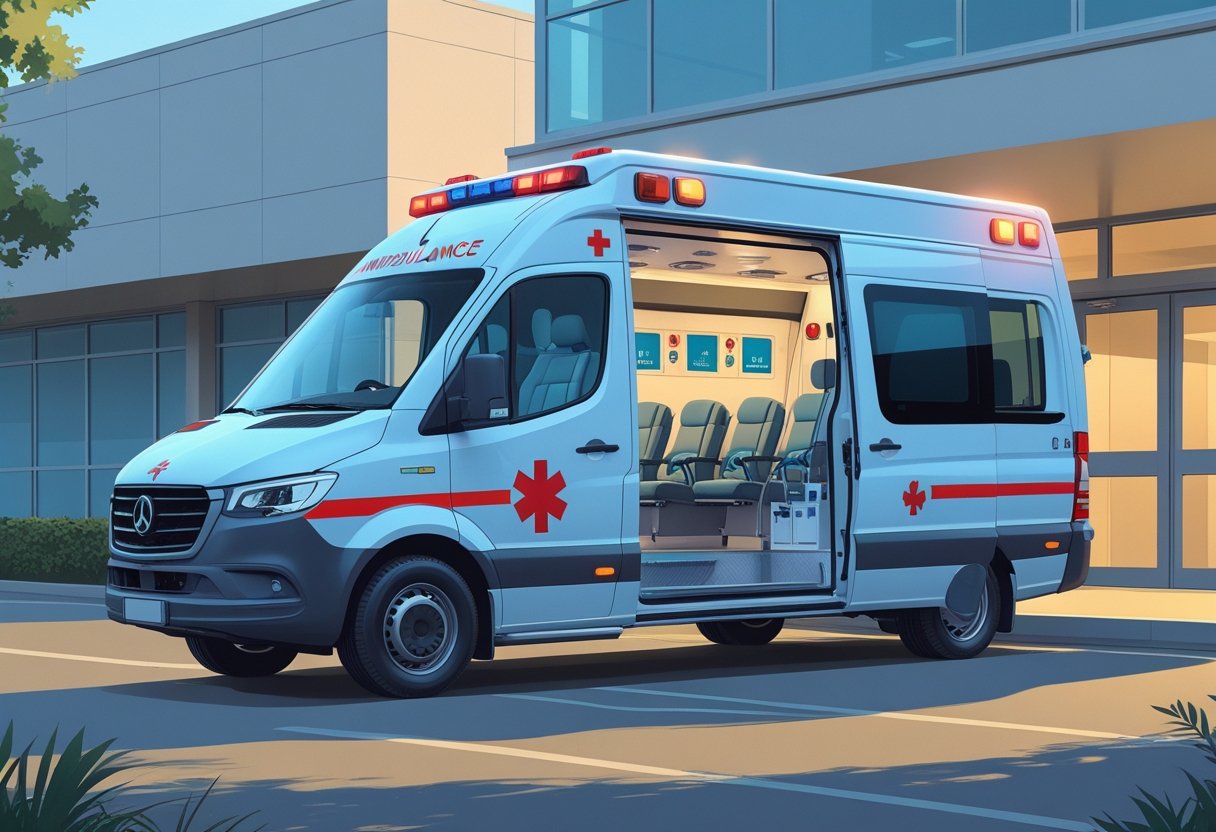 Uma ambulância de transporte estacionada em frente a um hospital, com a porta lateral aberta mostrando equipamentos médicos e assentos para pacientes.