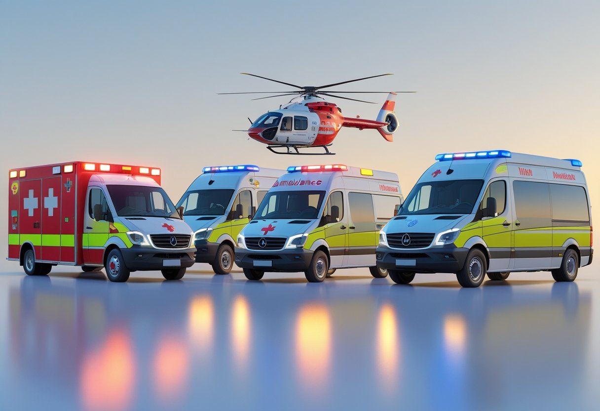 Vários tipos de ambulâncias de transporte médico alinhadas lado a lado, incluindo ambulância de emergência, veículo de resposta rápida, van de transporte de pacientes e helicóptero de ambulância aérea.