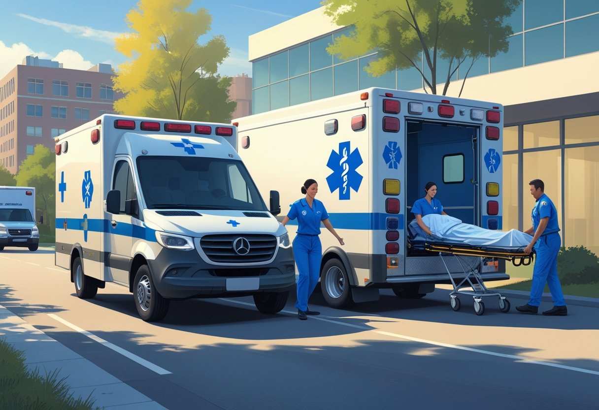 Ambulância de transporte ou simples remoção tipo A: quando e por que utilizar 1 Uma ambulância branca tipo A estacionada em frente a um hospital, com paramédicos ajudando um paciente em uma maca a entrar no veículo.