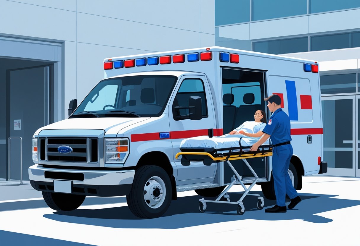 Ambulância de transporte ou simples remoção tipo A: quando e por que utilizar 2 Uma ambulância tipo A branca com marcas médicas vermelhas e azuis, paramédico ajudando paciente em maca a entrar na ambulância, em frente a um hospital.