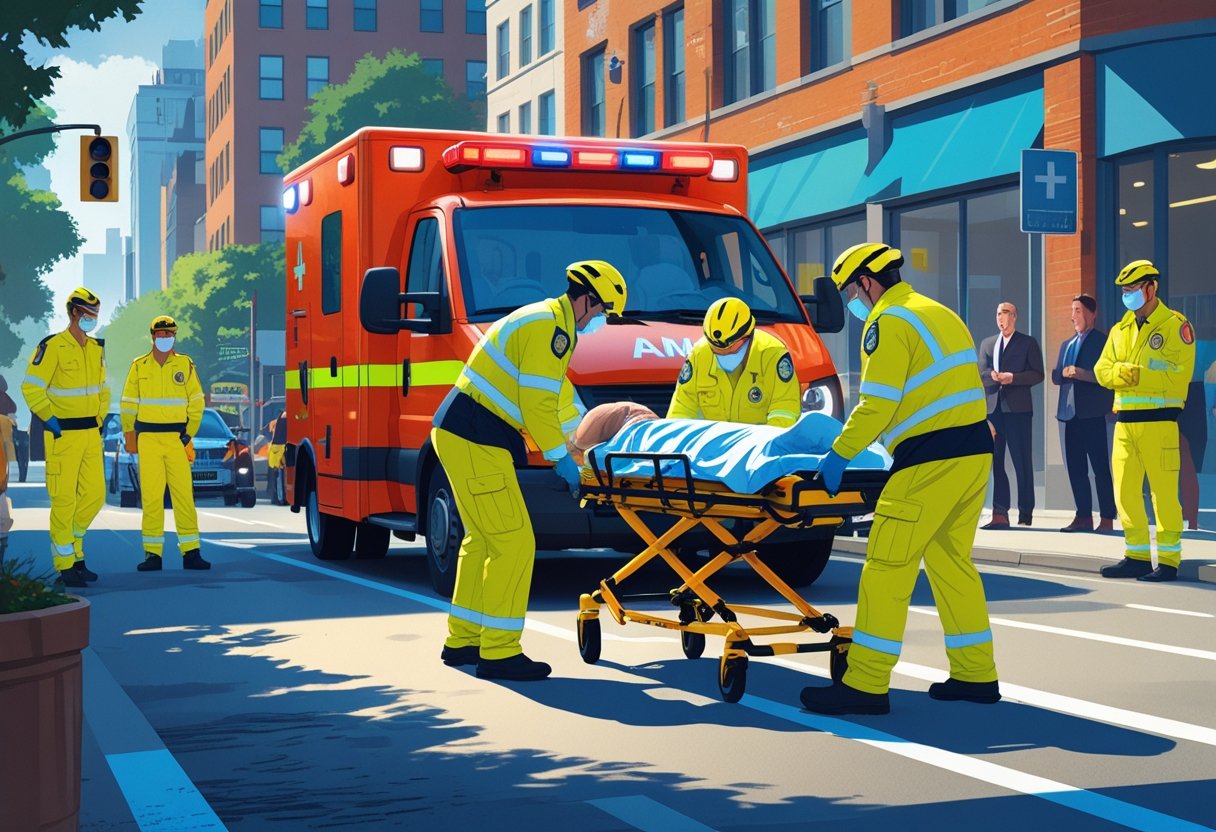 Ambulância emergências médicas: quando acionar e como funciona o serviço 1 Cena de uma ambulância estacionada na rua com paramédicos atendendo um paciente em uma maca, em um ambiente urbano.