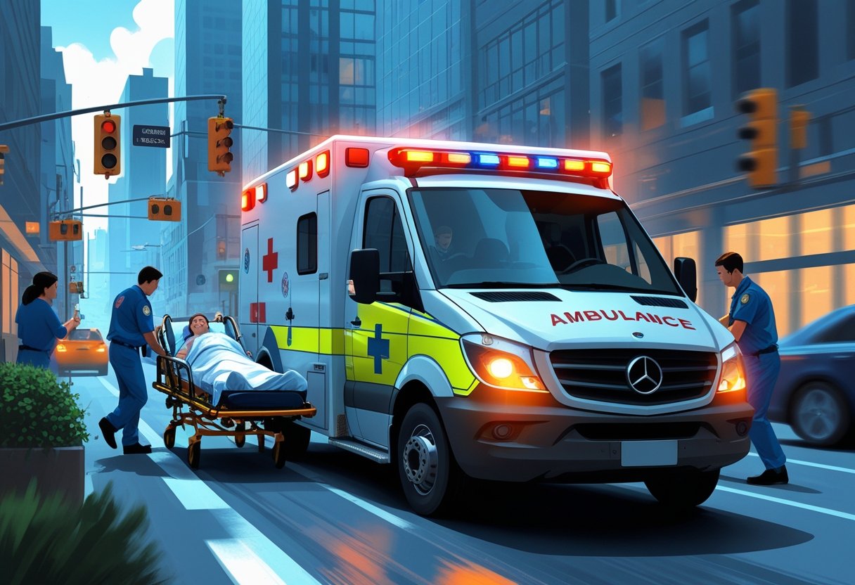 Ambulância emergências médicas: quando acionar e como funciona o serviço 2 Ambulância com paramédicos atendendo paciente em uma emergência médica na rua movimentada da cidade.