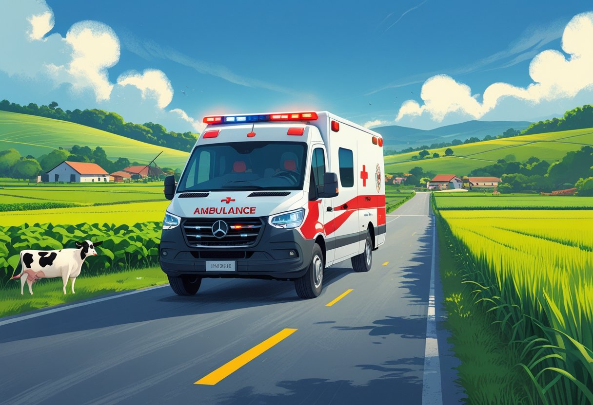 Ambulância Fazenda Rio Grande: Atendimento Rápido e Efetivo na Região 1 Ambulância em uma estrada rural cercada por plantações e animais na Fazenda Rio Grande, com casas ao fundo, mostrando a importância do serviço de emergência na área.