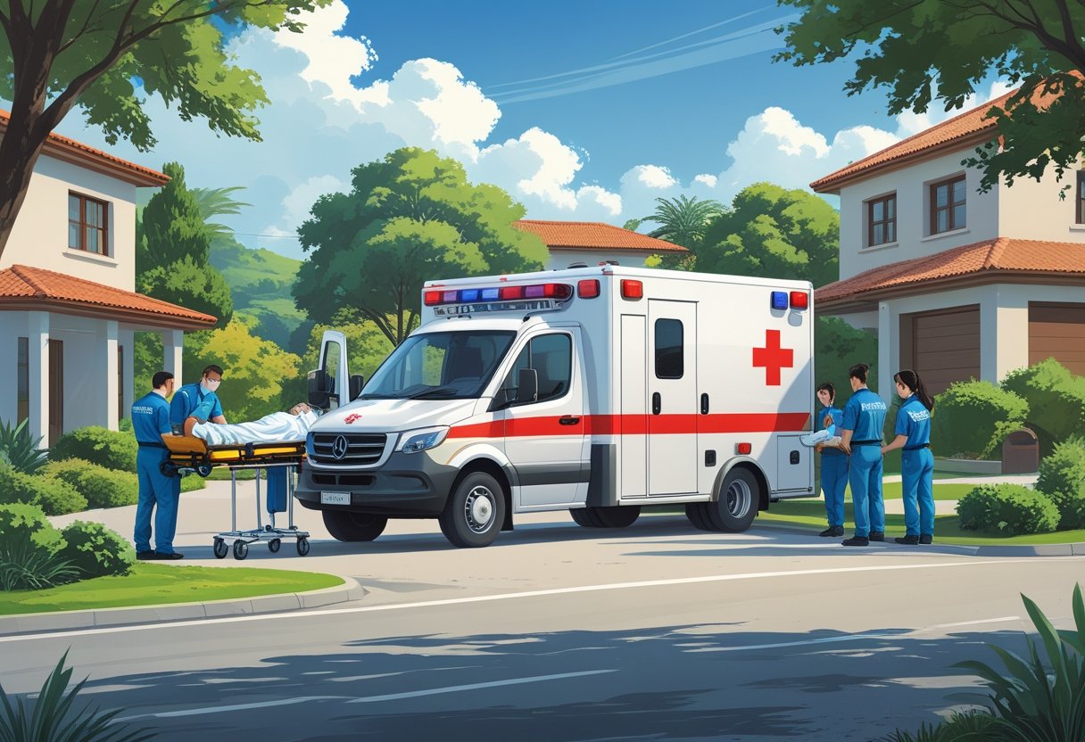 Ambulância Fazenda Rio Grande: Atendimento Rápido e Efetivo na Região 2 Ambulância estacionada em rua residencial de Fazenda Rio Grande com paramédicos cuidando de um paciente em uma maca.