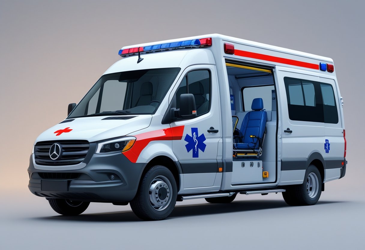 Uma ambulância moderna para transporte de pacientes, vista de frente e lateral, com equipamentos médicos visíveis no interior.