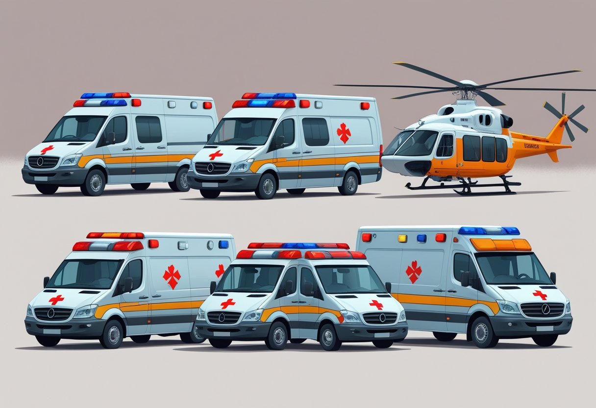 Vários tipos de ambulâncias usadas para transporte de pacientes alinhadas lado a lado, incluindo ambulância tipo van, ambulância tradicional, ambulância motocicleta e helicóptero de resgate.