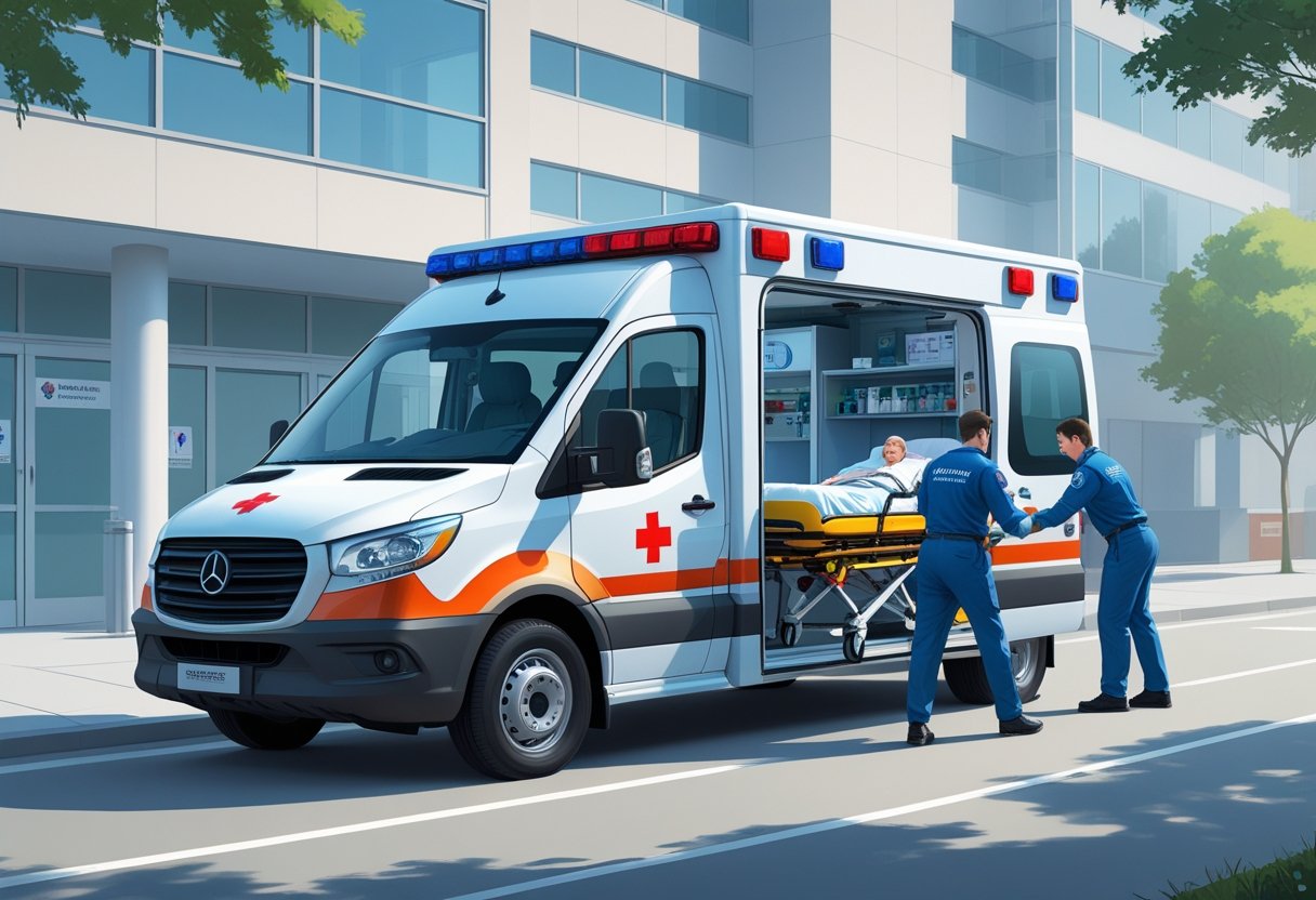 Uma ambulância particular branca com marcações vermelhas e azuis estacionada próxima à entrada de um hospital, com paramédicos carregando um paciente em uma maca para dentro do veículo.