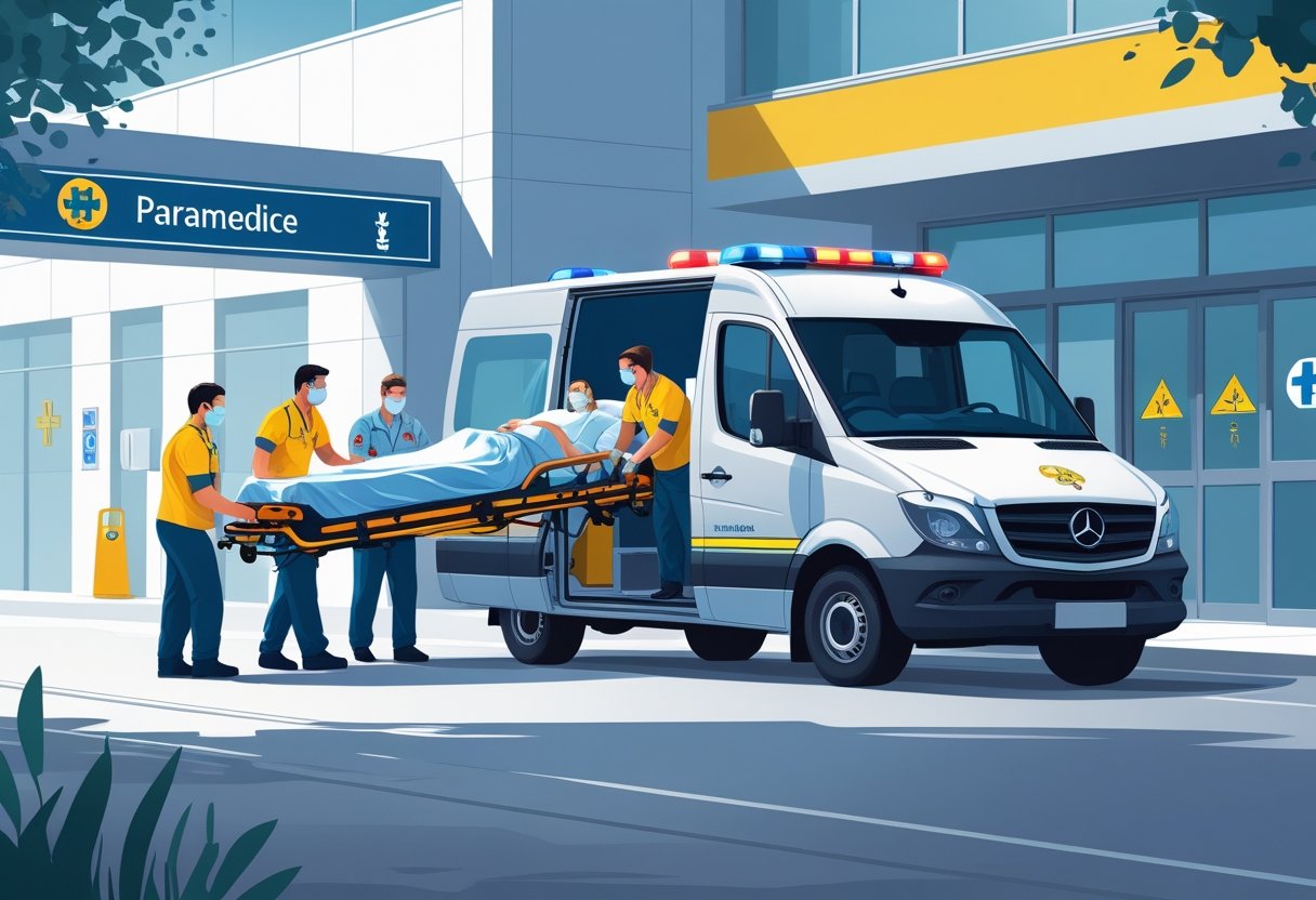 Uma ambulância particular estacionada em frente a um hospital, com paramédicos ajudando um paciente em uma maca a entrar na ambulância.