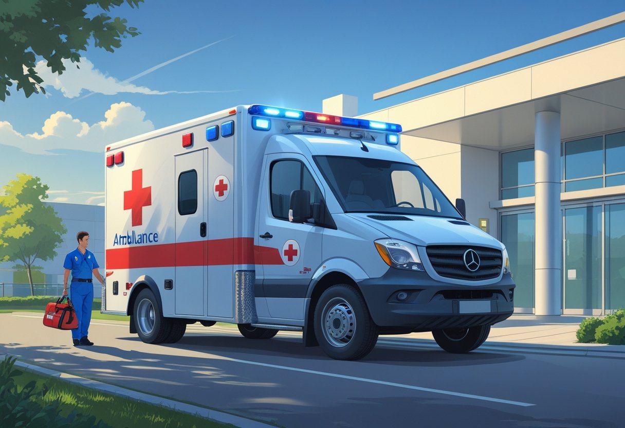 Uma ambulância particular estacionada em frente a um hospital moderno, com um paramédico ao lado, pronto para atender.