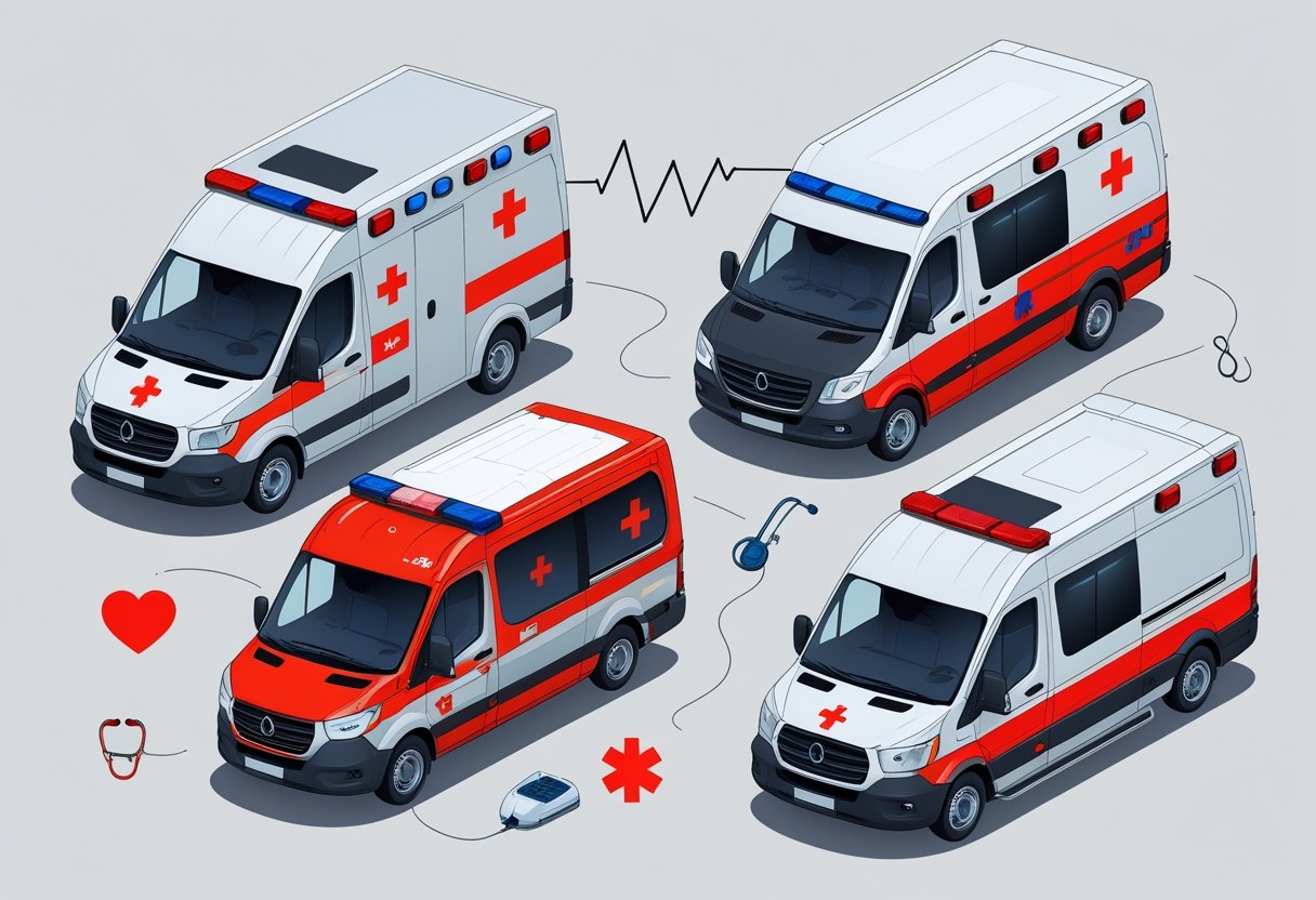 Três tipos diferentes de ambulâncias particulares alinhadas, mostrando equipamentos médicos visíveis e luzes de emergência em um fundo claro.