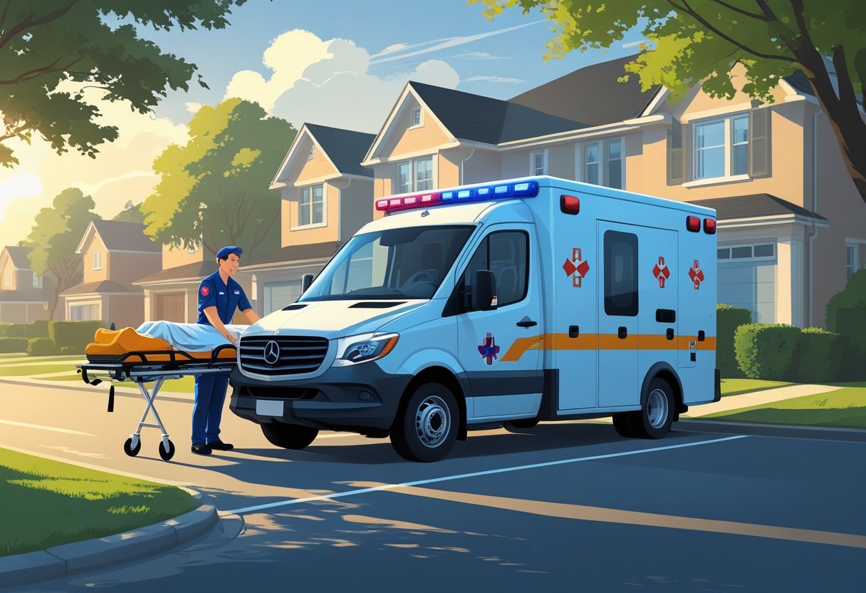 Ambulância Particular Valor: Saiba Quanto Custa e o Que Está Incluso 1 Uma ambulância particular moderna estacionada em frente a uma casa, com um paramédico ajudando um paciente em uma maca para entrar no veículo.