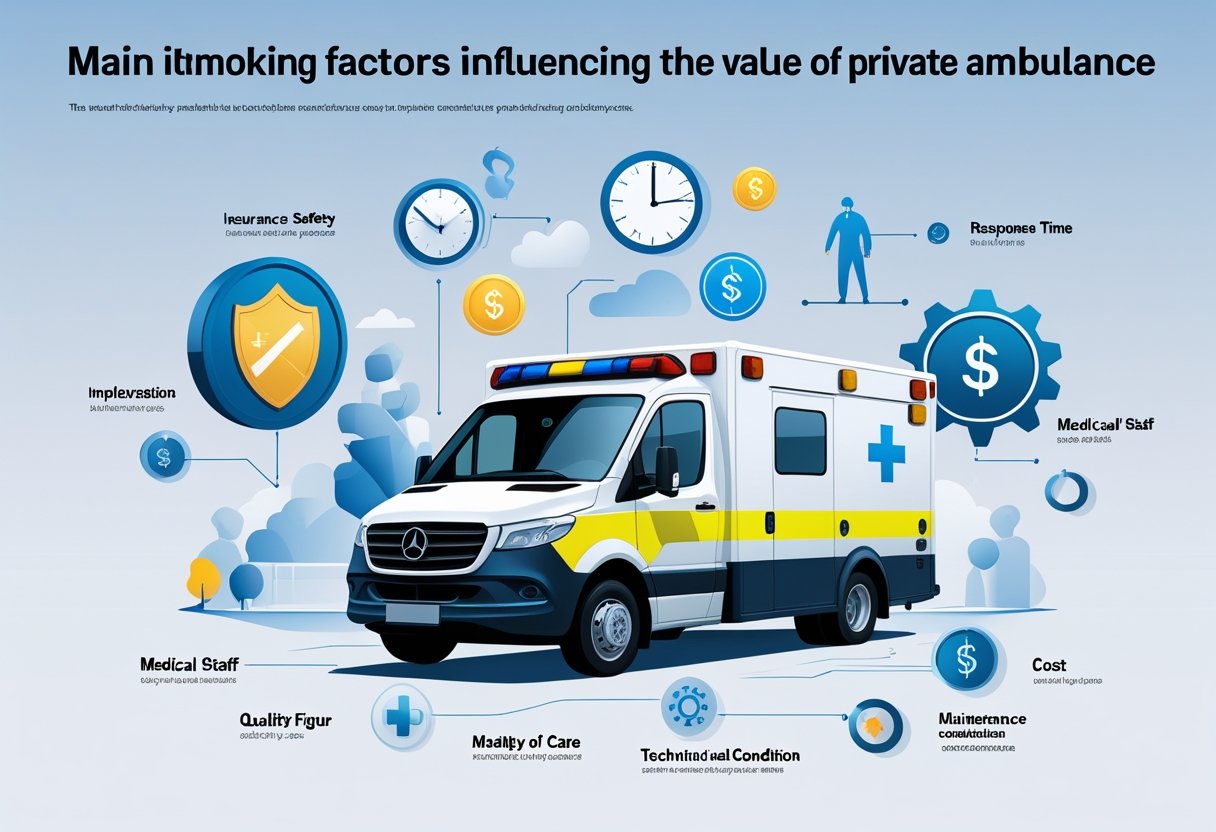 Ambulância Particular Valor: Saiba Quanto Custa e o Que Está Incluso 2 Uma ambulância moderna cercada por ícones que representam fatores como segurança, tempo de resposta, qualidade do atendimento, custo e manutenção.