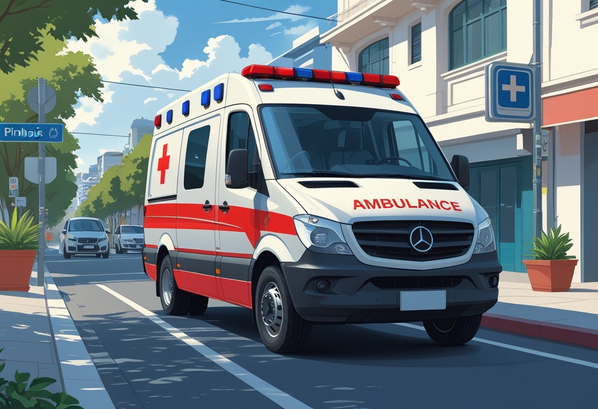 Ambulância Pinhais: Serviços de Atendimento Rápido e Seguro na Região 1 Uma ambulância branca e vermelha estacionada em uma rua urbana de Pinhais, com árvores e edifícios ao fundo.