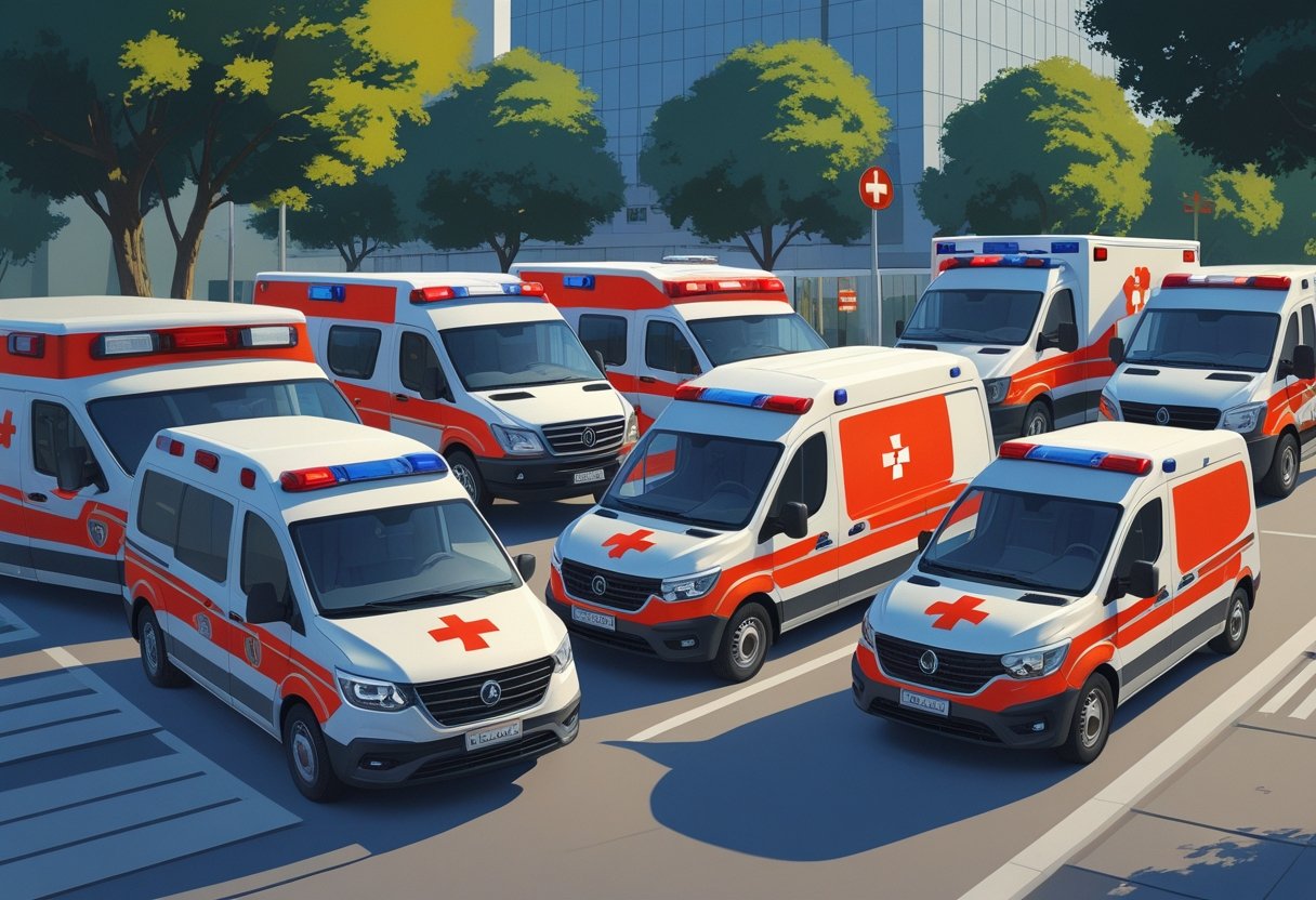 Ambulância Pinhais: Serviços de Atendimento Rápido e Seguro na Região 2 Vários tipos de ambulâncias estacionadas lado a lado em uma área externa, com prédios e árvores ao fundo, representando os modelos usados em Pinhais.