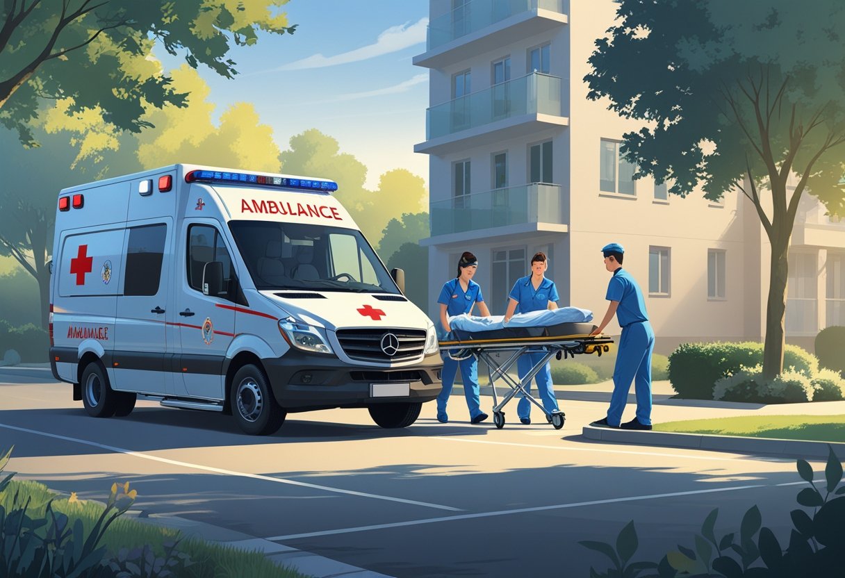 Ambulância de remoção particular com profissionais de saúde auxiliando um paciente em uma maca, em frente a um prédio residencial durante o dia.