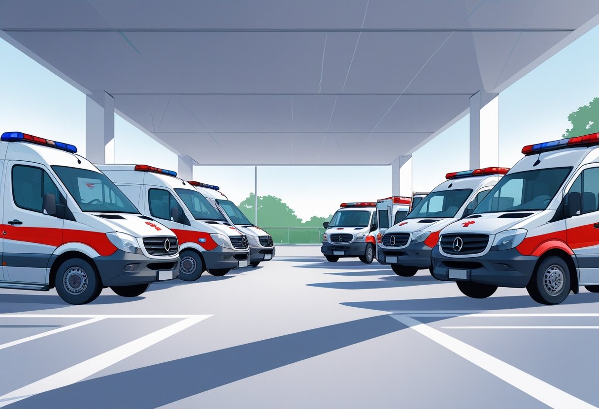 Vários tipos de ambulâncias alinhadas, mostrando diferentes níveis de suporte médico em um ambiente hospitalar.