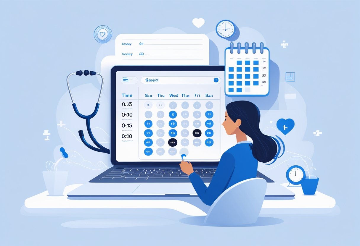 Pessoa usando um laptop para agendar uma consulta médica online, com ícones relacionados à saúde e calendário ao redor.