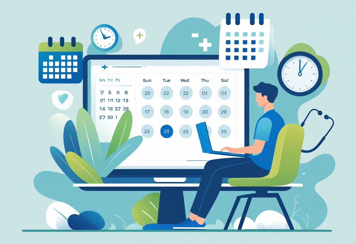 Pessoa sentada em uma mesa usando um laptop para agendar consulta médica online, com ícones de calendário e relógio ao redor.