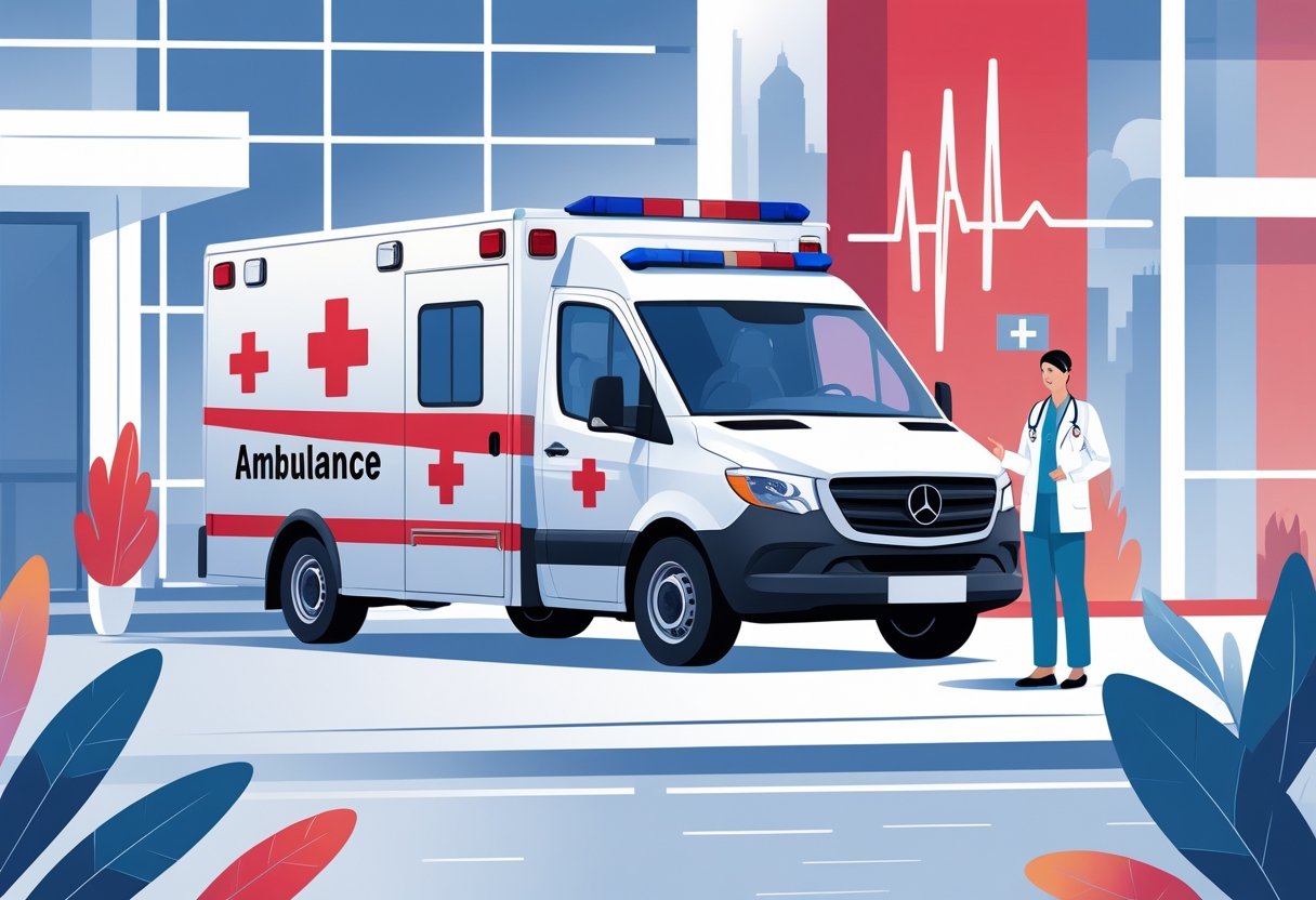Ambulância estacionada em frente a um hospital, com um profissional de saúde conversando com um cliente, representando o serviço de aluguel de ambulâncias.