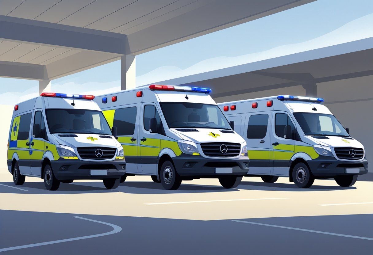 Três tipos principais de ambulâncias para aluguel, incluindo uma van médica moderna, uma ambulância de suporte avançado e um veículo de resposta rápida, alinhados em um ambiente claro e neutro.