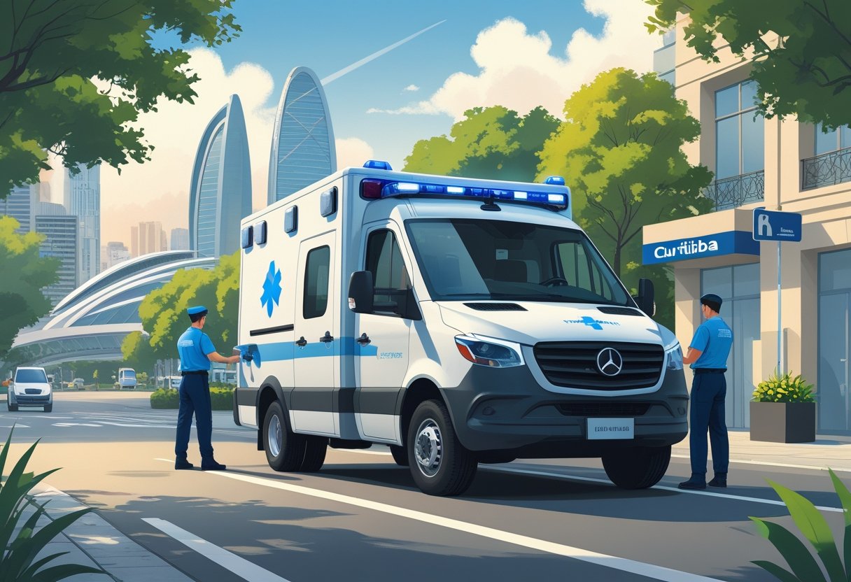 Uma ambulância moderna estacionada em uma rua de Curitiba com profissionais de saúde ao redor, mostrando prontidão para atendimento médico.