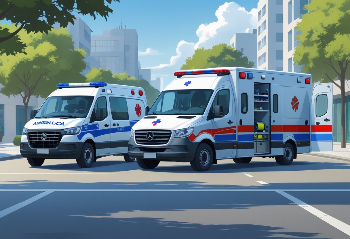 Três tipos diferentes de ambulâncias estacionadas lado a lado em uma rua urbana de Curitiba, com prédios e árvores ao fundo.