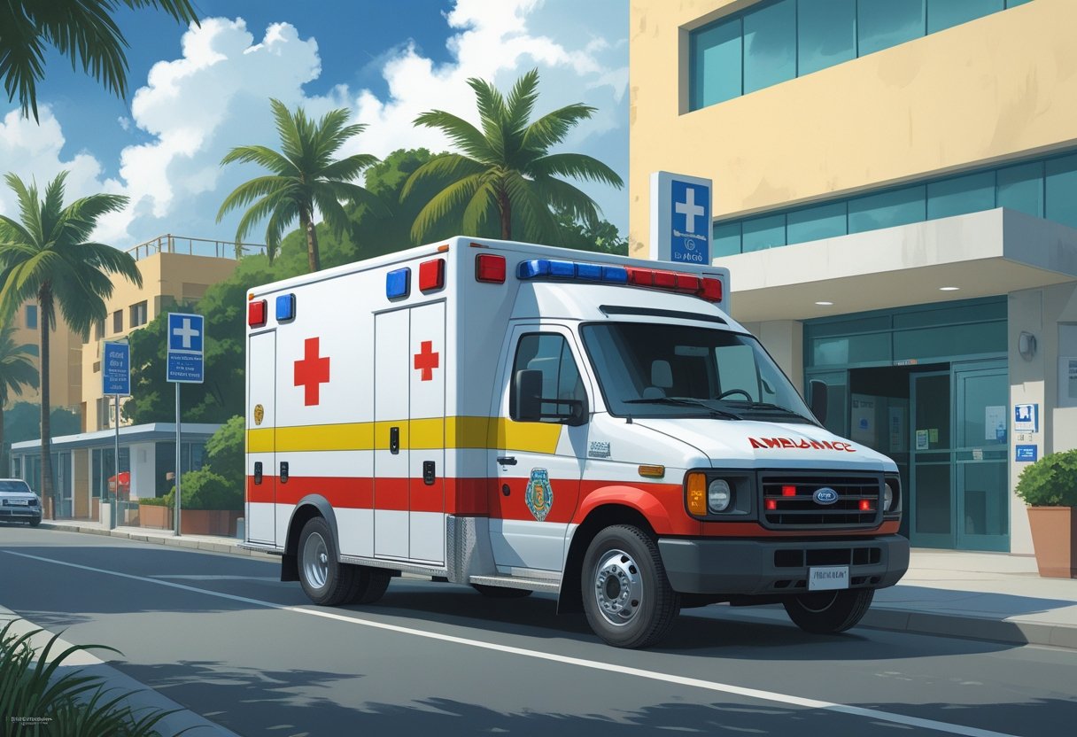 Ambulância Almirante Tamandaré: Serviços de Emergência e Atendimentos na Região 1 Uma ambulância branca com detalhes vermelhos estacionada em uma rua da cidade de Almirante Tamandaré, com árvores e construções ao fundo.