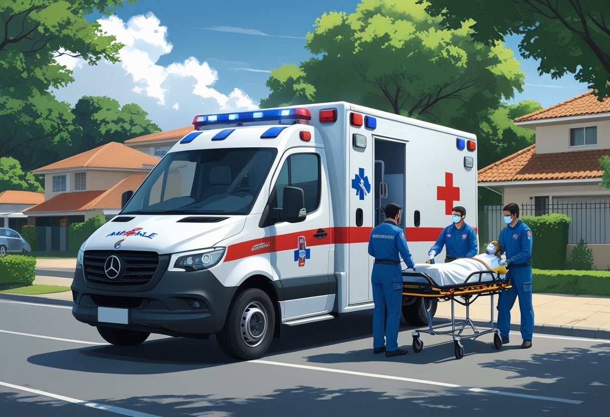 Ambulância Almirante Tamandaré: Serviços de Emergência e Atendimentos na Região 2 Ambulância estacionada em uma rua de Almirante Tamandaré com paramédicos atendendo um paciente em uma maca.