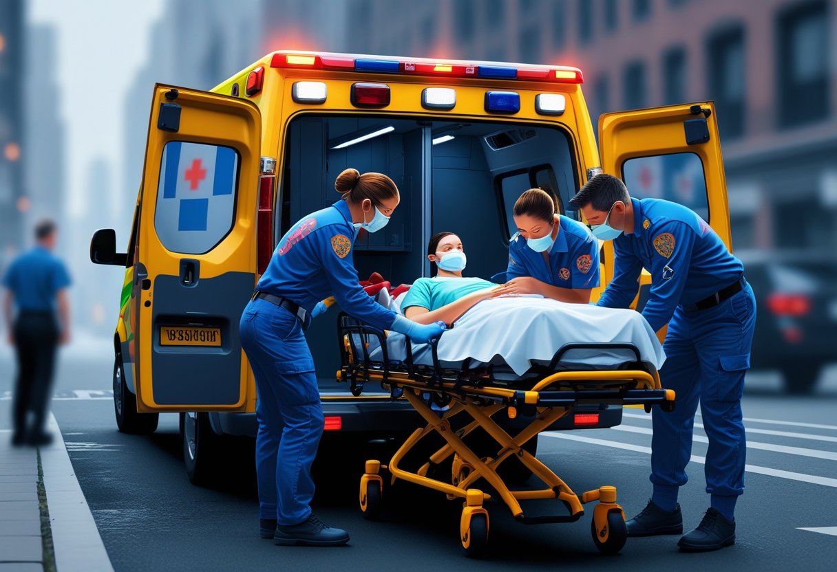 Paramédicos atendendo um paciente em uma ambulância com as portas traseiras abertas na rua.