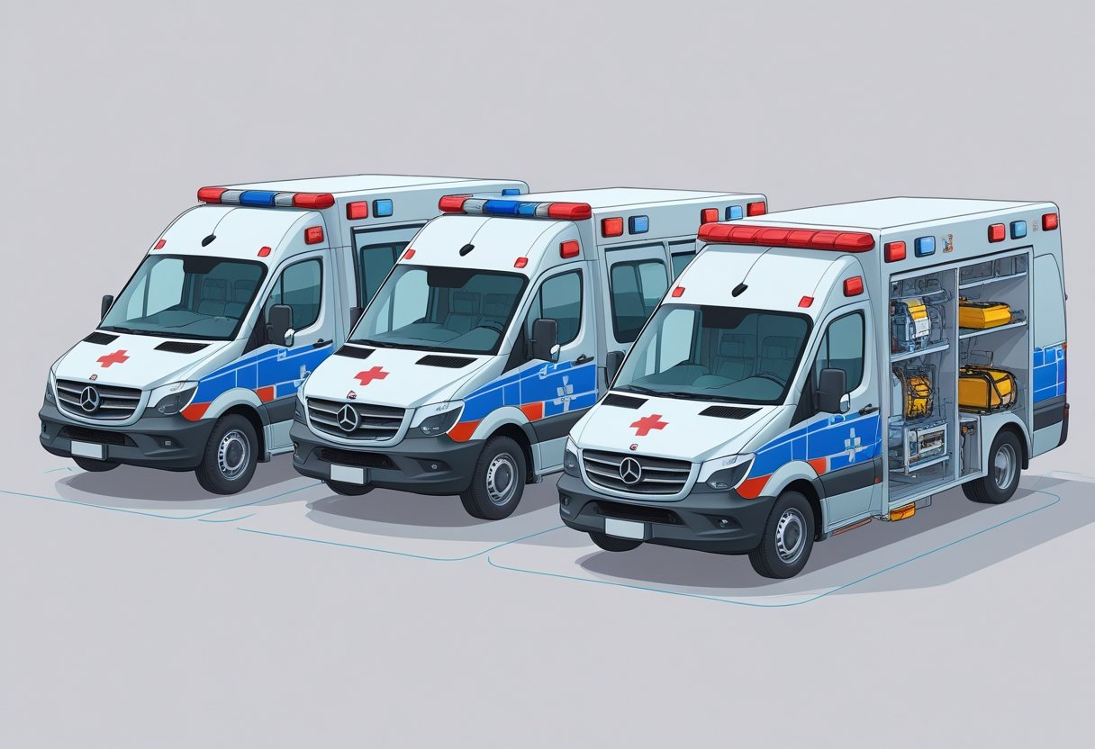 Vários tipos de ambulâncias de atendimento de emergência, mostrando o exterior e o interior com equipamentos médicos.