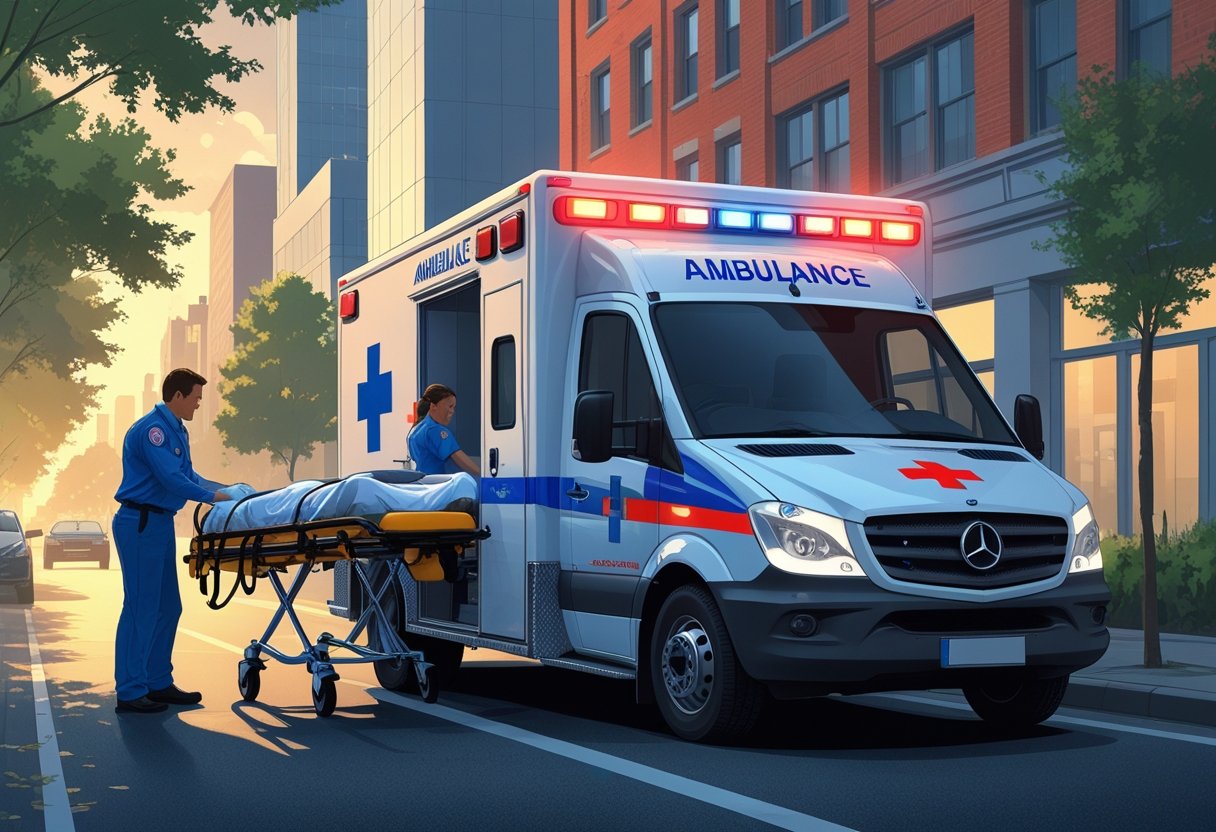 Uma ambulância de emergência particular estacionada na rua enquanto paramédicos carregam um paciente em uma maca para dentro do veículo.