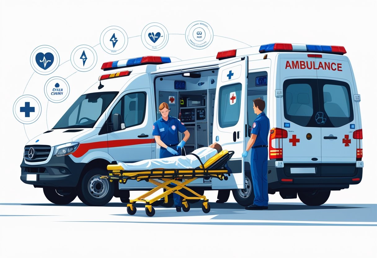 Uma ambulância de emergência particular com paramédicos atendendo um paciente em uma maca, mostrando equipamentos médicos avançados em um ambiente urbano.