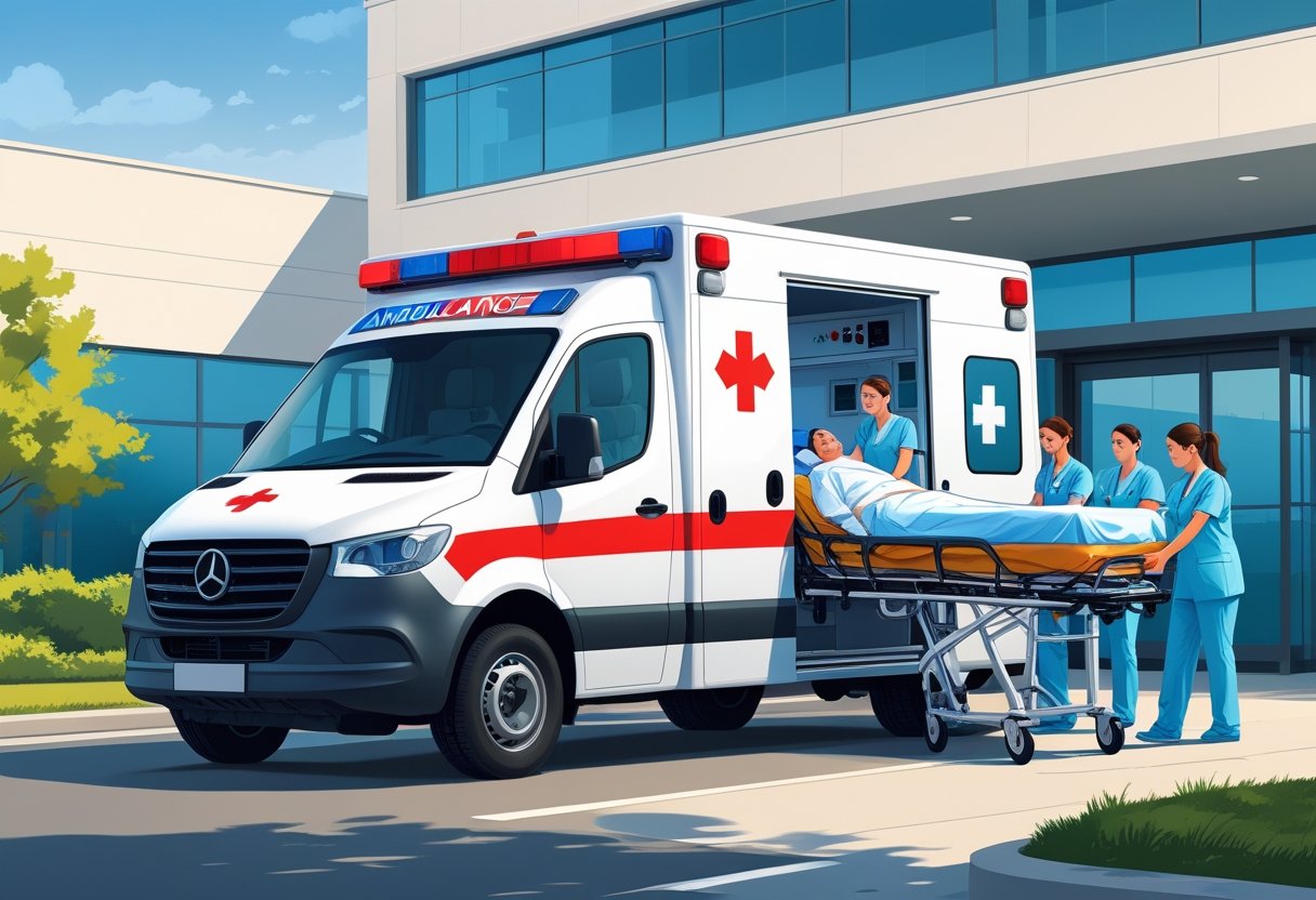 Ambulância de remoção estacionada em frente a um hospital, com profissionais de saúde auxiliando um paciente em uma maca para dentro do veículo.