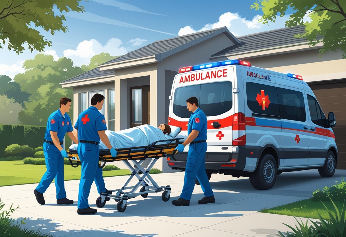 Paramédicos transferindo um paciente em uma maca para uma ambulância estacionada em frente a uma casa.