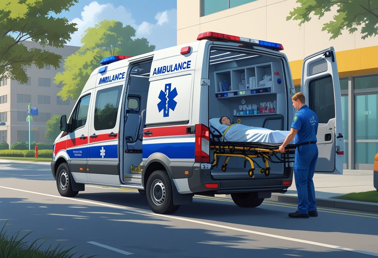 Ambulância de transporte ou simples remoção tipo A: características, usos e regulamentação 1 Uma ambulância de transporte tipo A estacionada em frente a um hospital, com um paramédico ajudando um paciente em uma maca a entrar no veículo.