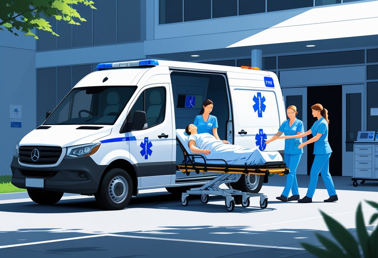 Ambulância de transporte ou simples remoção tipo A: características, usos e regulamentação 2 Ambulância com equipe médica ajudando um paciente em uma maca a entrar no veículo em frente a um hospital.