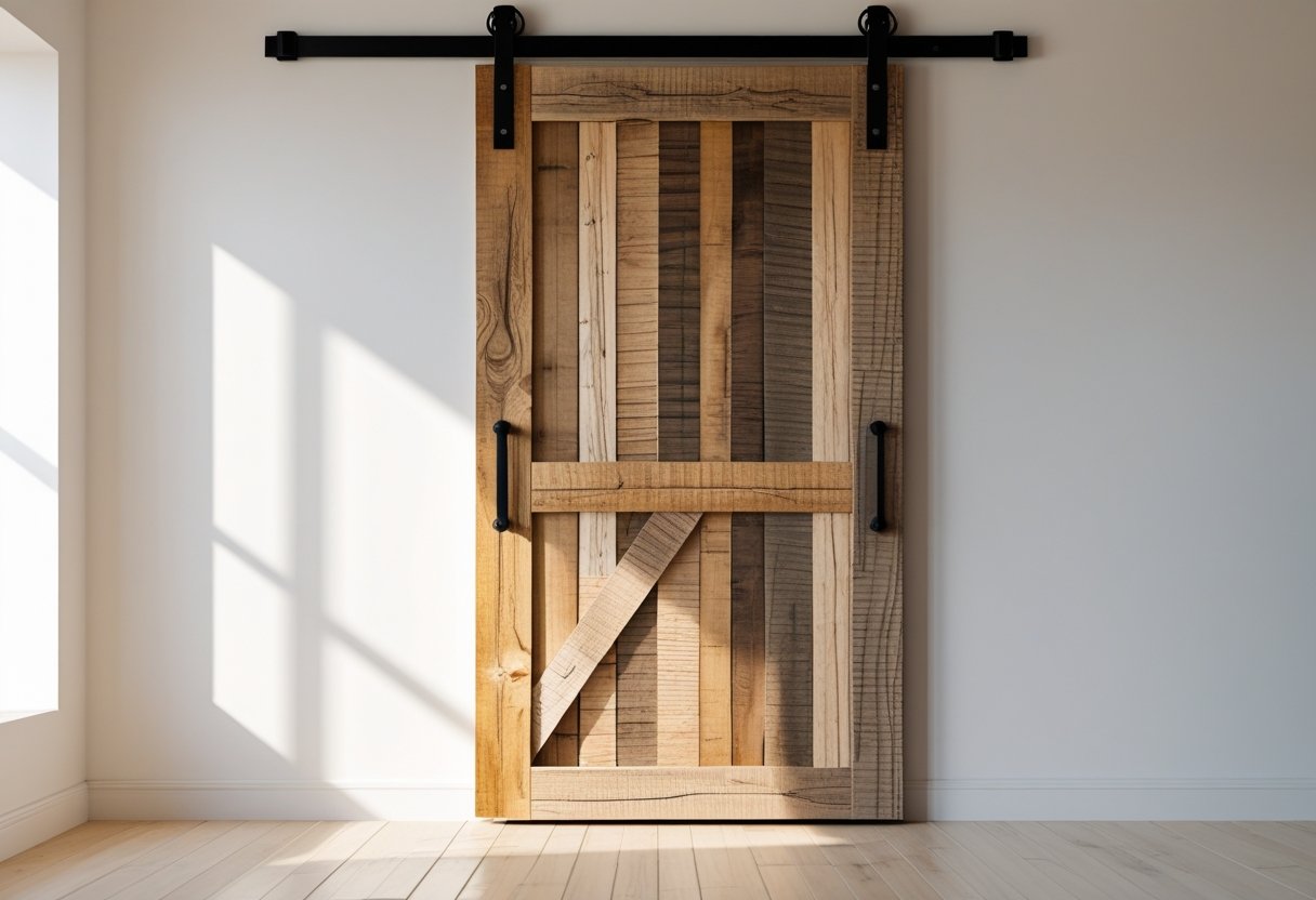 A rustic barn door made from textured wood shims mounted on a sliding track inside a bright room.
