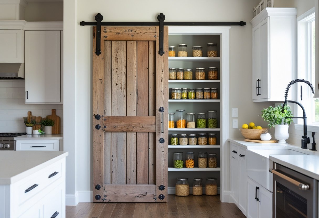 An antique wooden door used as a sliding pantry door, partially open to show a well-organized pantry inside a modern kitchen.