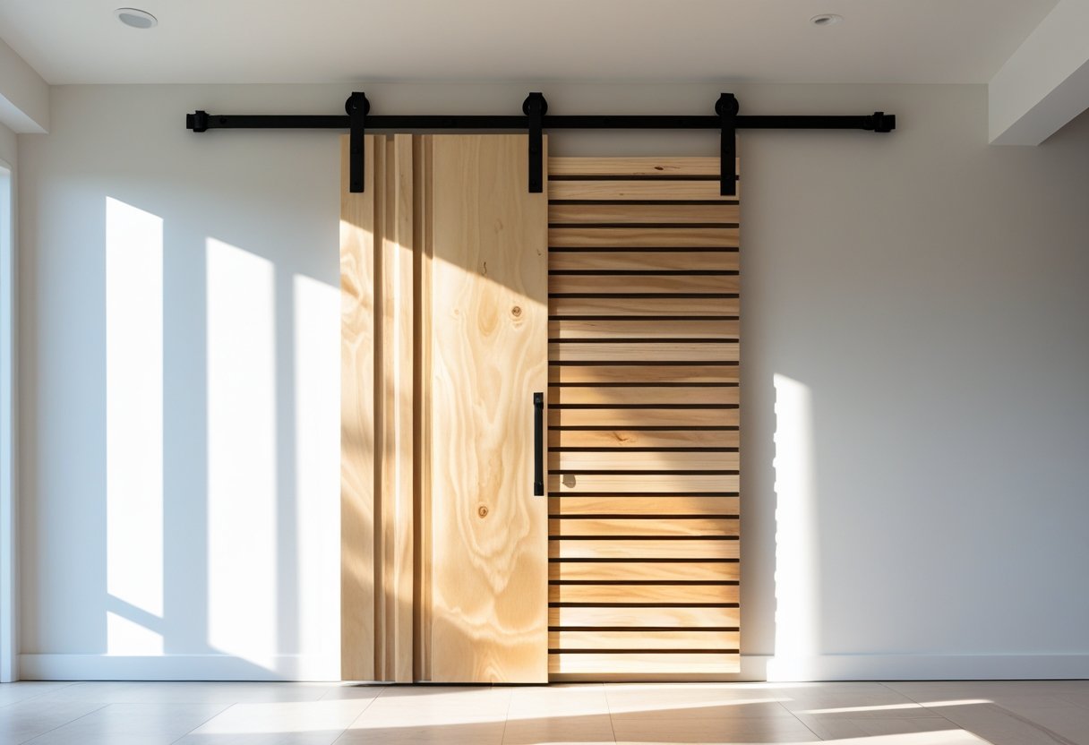 A modern wooden barn door made of plywood and wooden slats mounted on a sliding track inside a bright room.