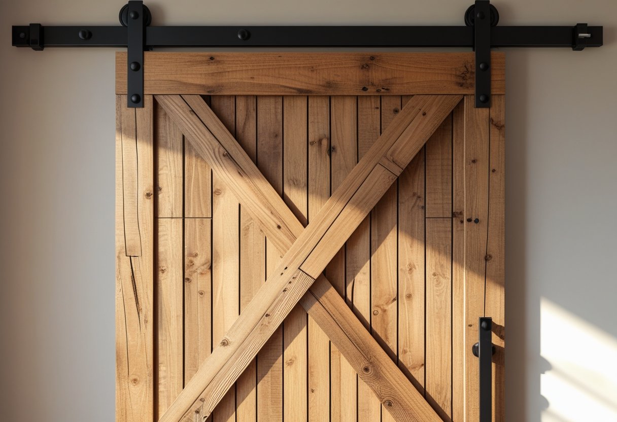 Wooden barn door with a Z-pattern support and angled cuts mounted on a sliding metal track.