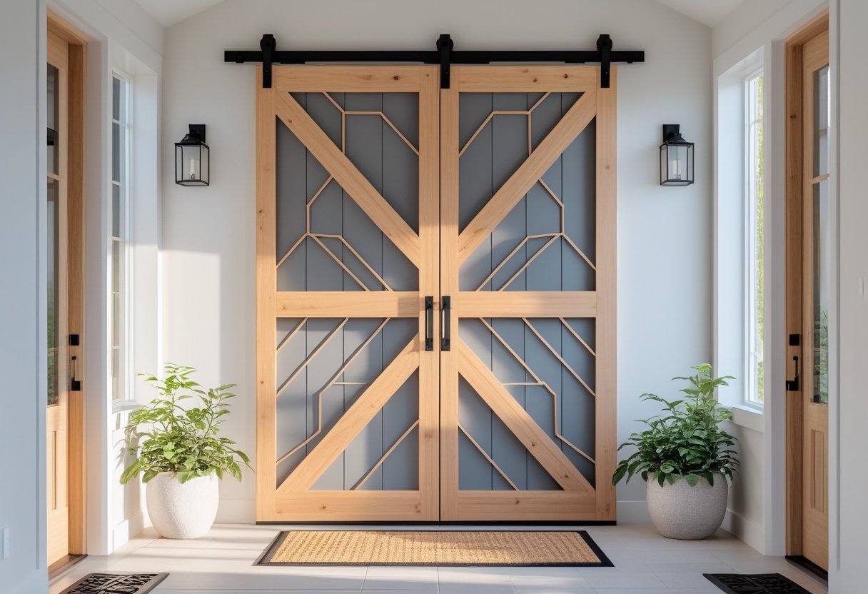 Entryway with a large wooden barn door featuring a geometric pattern, flanked by potted plants and illuminated by natural light.