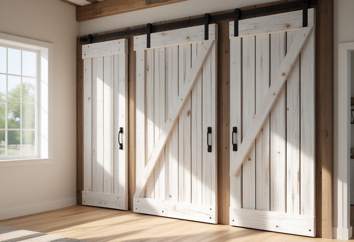 Whitewashed reclaimed wood barn door shutters installed on a rustic interior wall with metal hardware and a sliding track, in a bright room.