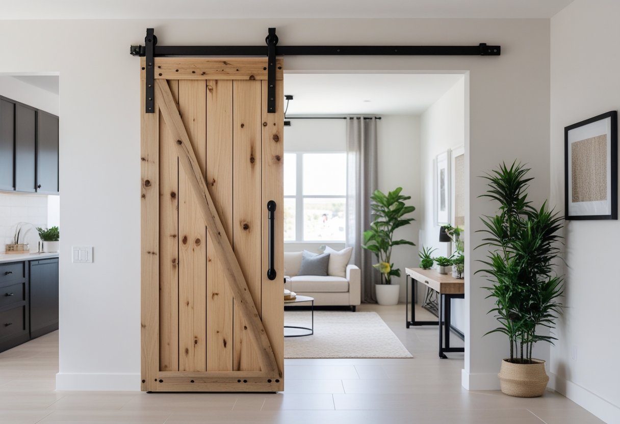 Sliding wooden barn door partially open separating a living area and workspace in a modern interior.